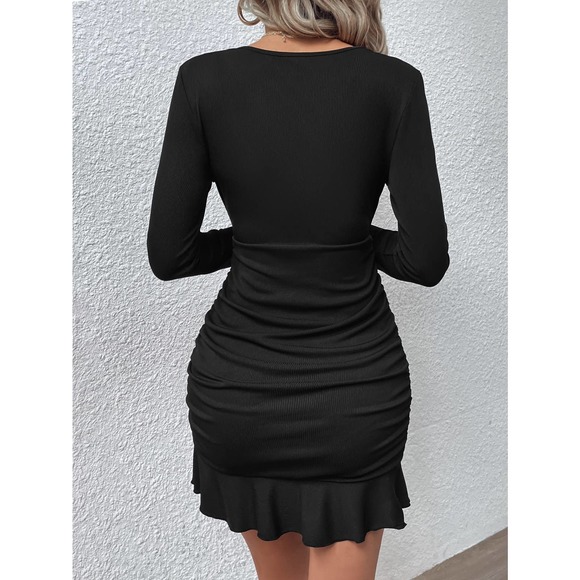 Long sleeve Surplice v Neck Ruched Ruffle Hem Bodycon Dress - Picture 2 of 8